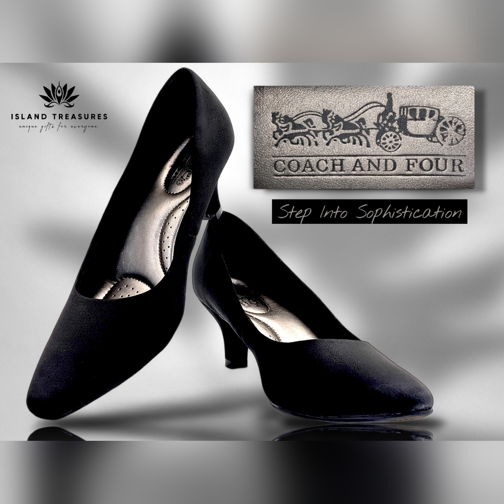 Coach and Four Women Sz 9 Satin Black Cushioned Round Toe Slip-In Mid-Heel Pumps